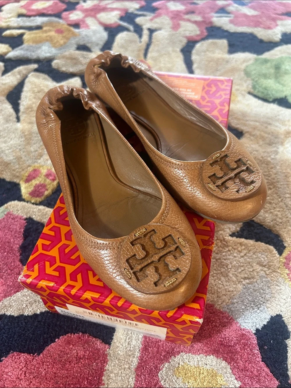 Tory Burch Reva Tan Leather Logo Ballet Flats